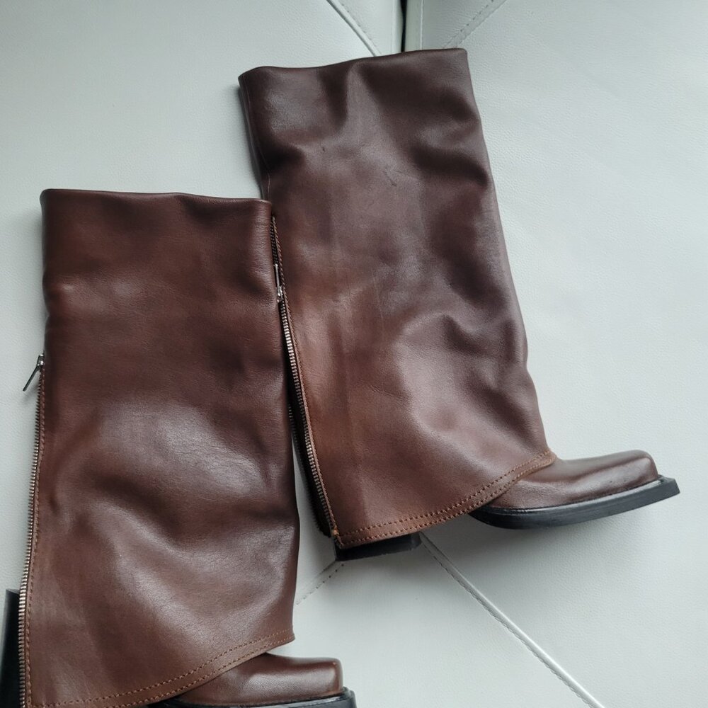 Zara Medium Brown Leather Tall Boots Size 37 (7) Fits 6, 6.5
